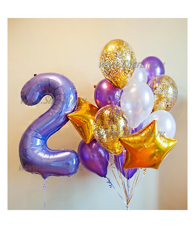 Букет из шаров в фиолетово-золотых тонах с цифрой