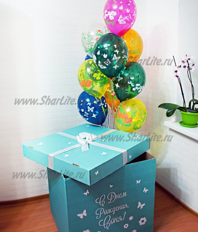 Коробка-сюрприз с шарами цветы-бабочки №8