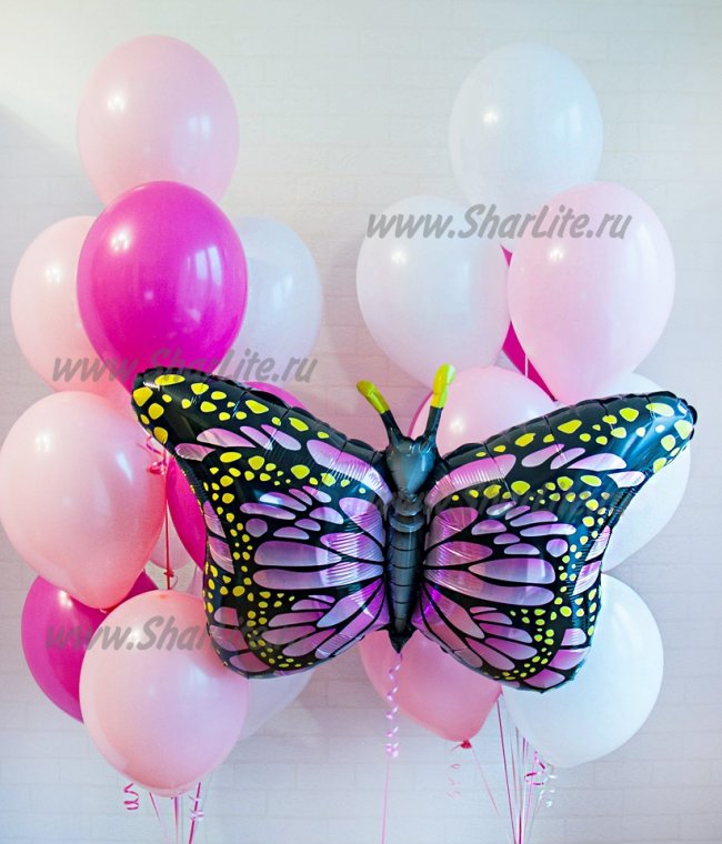 Набор шаров с бабочкой в розовом цвете