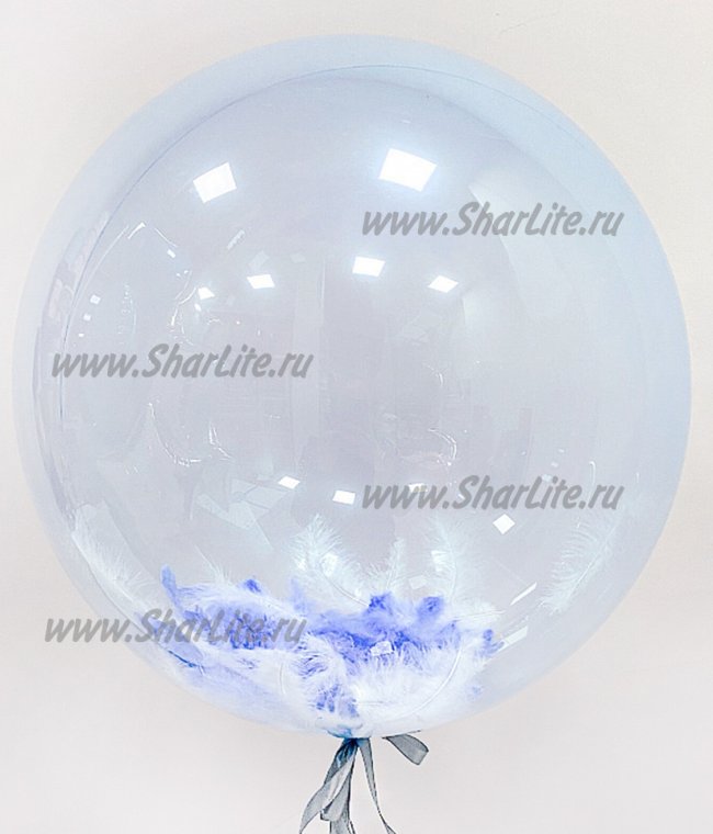 Шар Баблс - 50см с голубым оттенком и перышками