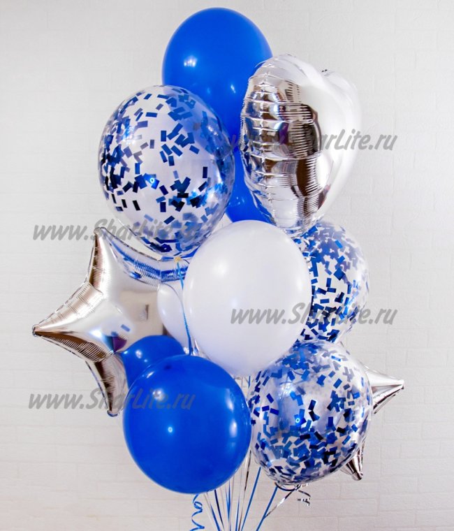 Набор из шаров синий с белым и серебряными звездами