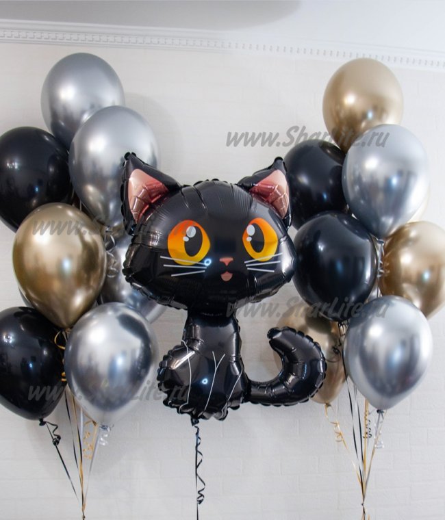 Набор шаров Черный кот с шарами ХРОМ