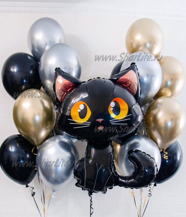 Набор шаров Черный кот с шарами ХРОМ