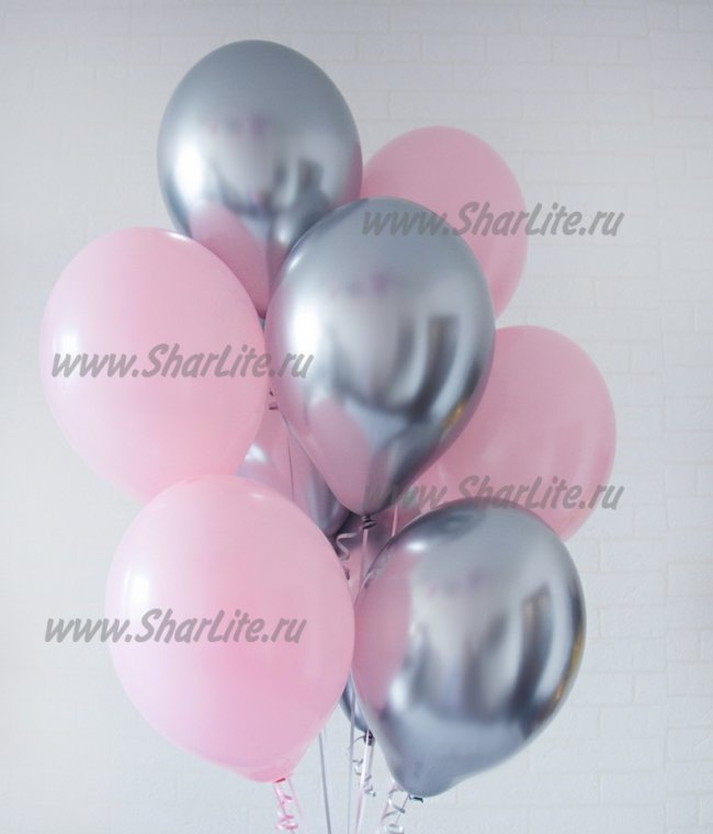 Набор из 15 шаров -розовый пастель, серебро ХРОМ