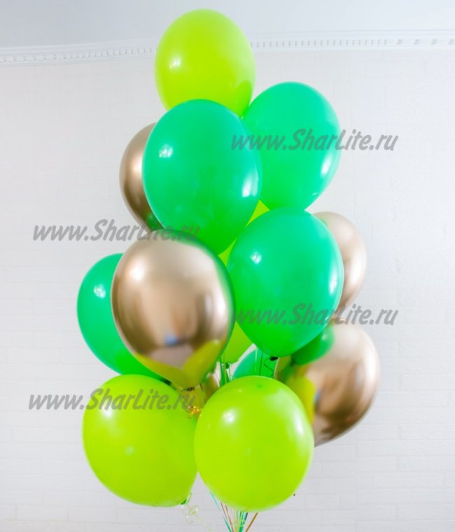 Набор из 15 шаров - салатовый, зеленый, золото ХРОМ